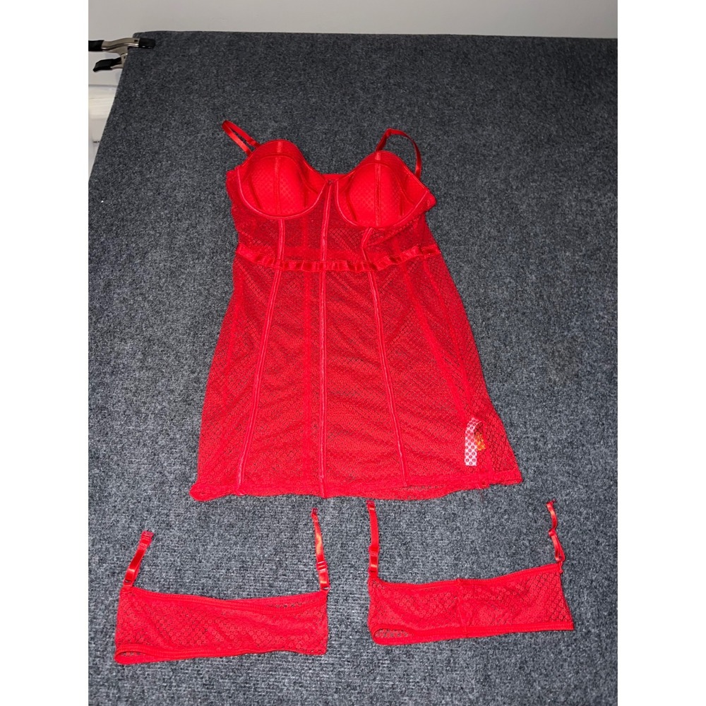 Mapale Red Mesh Lingerie Chemise Set with Garters Size Large LIZ100